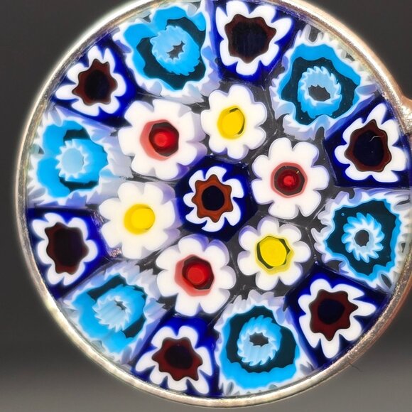 Murano Glass Millefiori Pendant 1" Sterling Silver Blue White Italy Signed PD - Picture 7 of 9